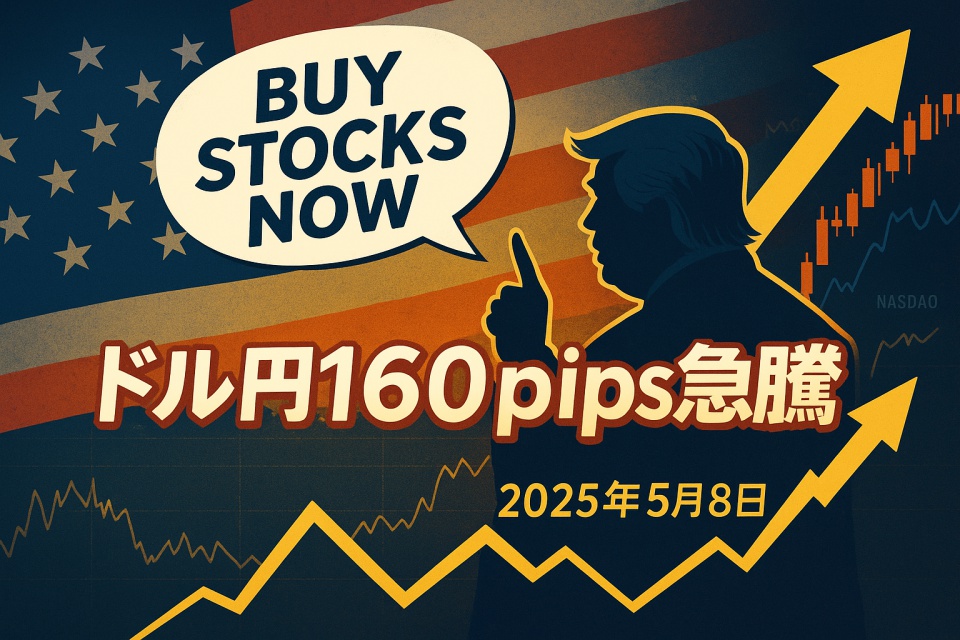 トランプ大統領のシルエットとアメリカ国旗を背景に、ドル円のチャートが急上昇する様子を描いたイラスト。中央には「Buy Stocks Now」の吹き出しとともに、為替市場の高騰を示す矢印が描かれており、2025年5月8日の相場急変を視覚的に表現している。