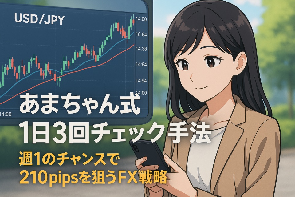 公園のような屋外で、あまちゃんがスマホでUSD/JPYの8時間足チャートを確認している様子を描いたアニメ風イラスト。チャートには14:00の更新が表示されており、画面には「あまちゃん式1日3回チェック手法」「週1のチャンスで210pipsを狙うFX戦略」のテキストが配置されている。微笑みながら落ち着いた表情の日本人女性が描かれている。