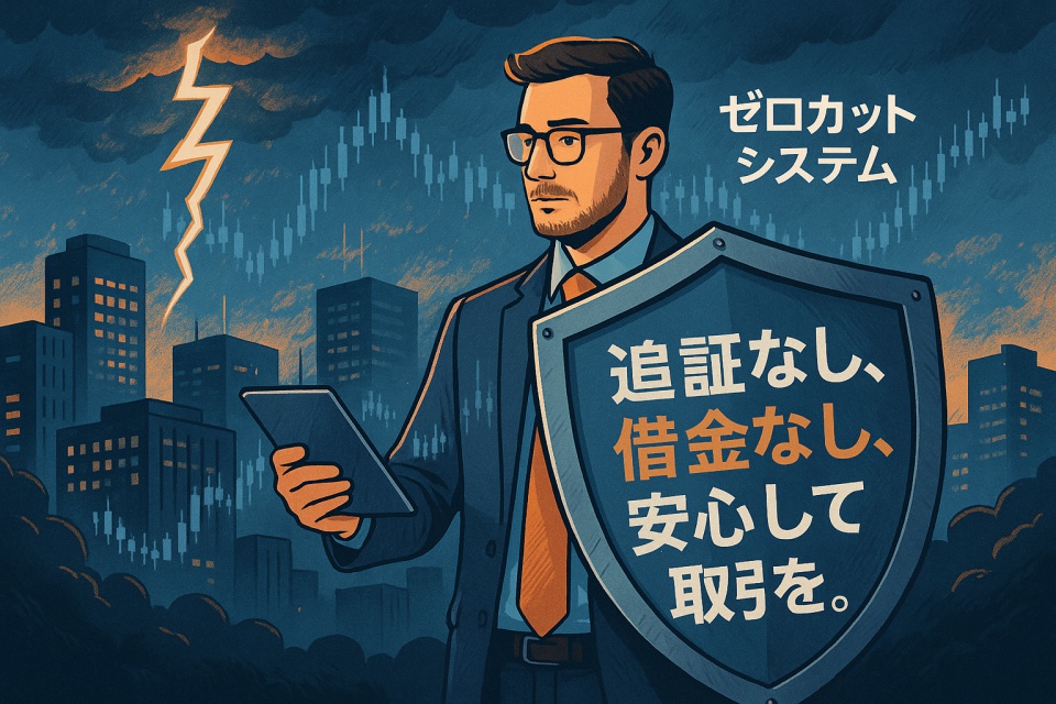 雷が落ちる金融街の中で、巨大な盾を手にした男性トレーダーがチャートを冷静に見つめている。盾には「追証なし、借金なし、安心して取引を。」と記され、ゼロカットシステムによる保護を象徴している。