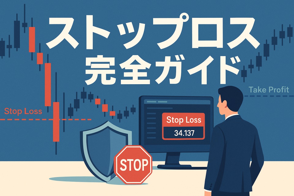 ローソク足チャートとストップロスをテーマにしたイラスト画像。チャート上では赤い大陰線が急落を示し、「Stop Loss」「Take Profit」のラインが描かれている。中央には「ストップロス完全ガイド」の文字。PC画面にストップロス価格（34.137）が表示され、前に立つスーツ姿のトレーダーと、盾とSTOPマークがリスク管理の象徴として描かれている。