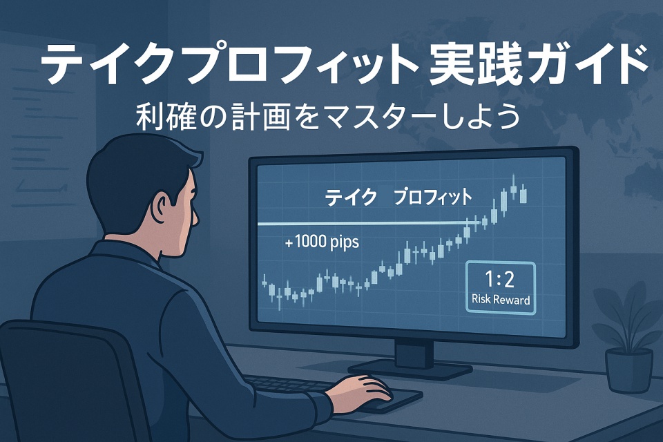 落ち着いたブルー・グレー調のトレードルームで、FXトレーダーがチャート画面を見つめているイラスト。画面には「テイクプロフィット」「+1000pips」「1:2 Risk Reward」の表示があり、利確ポイントを明確に意識したトレード環境が描かれている。