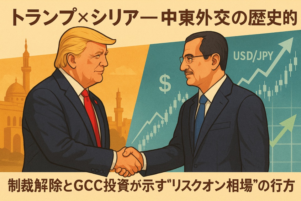 トランプ大統領とシリアのアル・シャラー暫定大統領が握手を交わす様子を描いたイラスト。左側は中東の都市風景、右側にはドル記号と上昇するUSD/JPYチャートが描かれ、地政学リスク後退とリスクオン相場を象徴する構成。