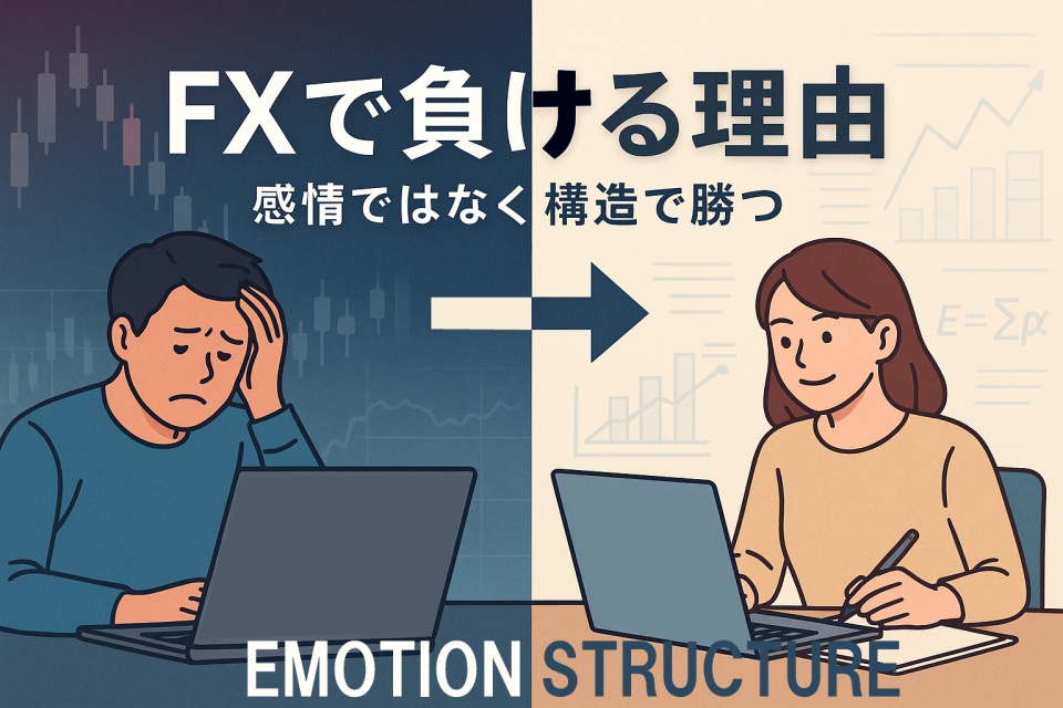「FXで負ける理由 感情ではなく構造で勝つ」という日本語テキストが中央に配置されたイラスト。左側には頭を抱えてチャートに悩む男性トレーダー、右側にはルール表を見ながら落ち着いてトレードする女性トレーダーが描かれており、感情トレードと構造的トレードの対比を表現している。背景は16:9の横長構図で、左側は赤やグレーの混乱した印象、右側は青と白を基調とした整然とした雰囲気。