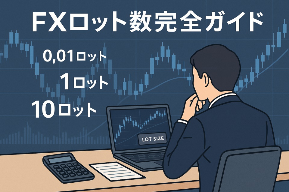 FXトレーダーがパソコン画面のチャートを見つめながらロット数を考えているイラスト。背景には「0.01ロット」「1ロット」「10ロット」といった数値とローソク足チャートが重なり、「FXロット数完全ガイド」の文字が表示されている。
