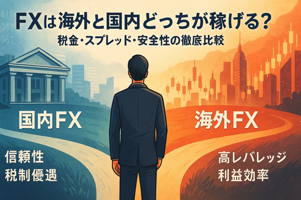 分かれ道に立つトレーダーが、左側の「国内FX」（信頼性・税制優遇）と右側の「海外FX」（高レバレッジ・利益効率）を見比べている。背景には為替チャートや都市の夜景が描かれ、決断の瞬間を象徴しているイラスト。