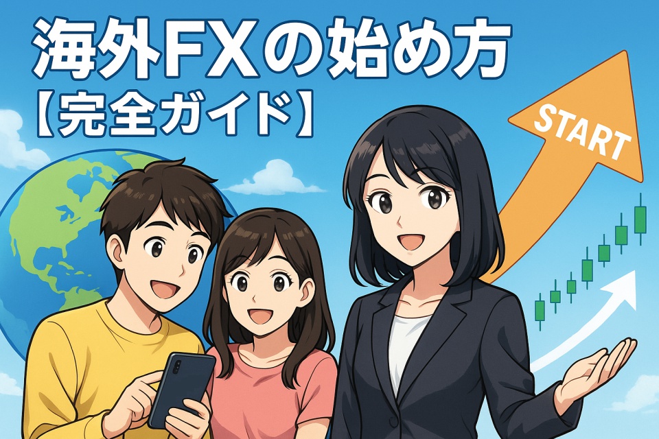 海外FXの始め方を解説するアニメ風イラスト。スマホを持つ初心者の男女に、黒髪ストレートの日本人女性ナビゲーターAma-chanが優しくガイドしている。背景には地球と上昇するチャート、STARTの矢印が描かれ、安心感と前向きな雰囲気を演出している。