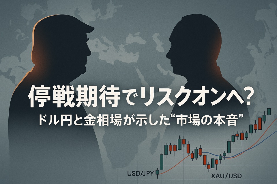 トランプ氏とプーチン氏のシルエットが向かい合わせに立ち、背景には欧州からロシア周辺の地図が描かれている。画像の右側にはUSD/JPYとXAU/USDのローソク足チャートが重ねられ、「停戦期待でリスクオンへ？」という見出しが中央に配置された、地政学と市場の緊張感を表現したデジタルイラスト。