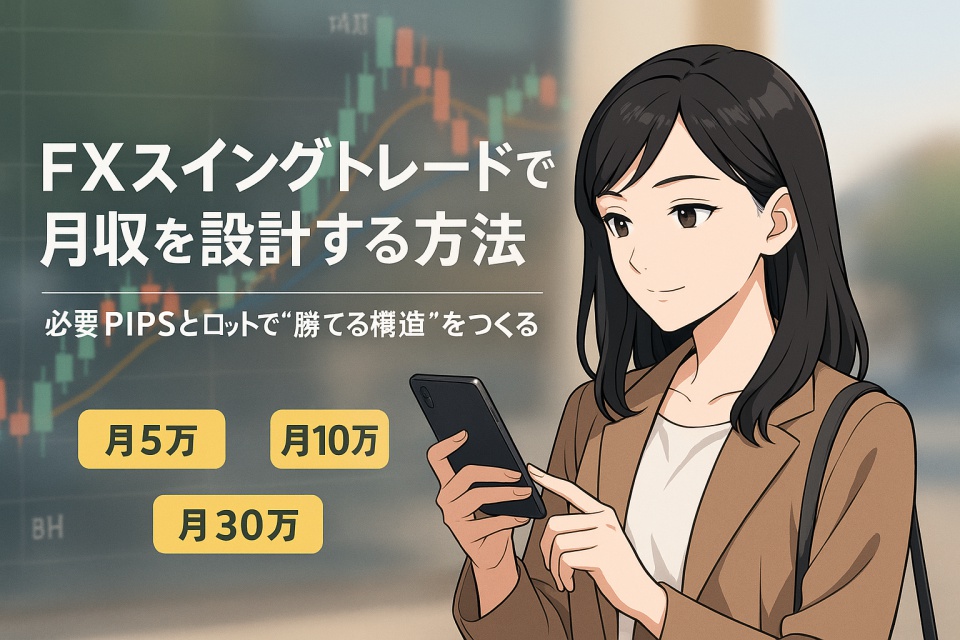 外出先でスマホを使い、USD/JPYのチャートを確認する黒髪の日本人女性トレーダーが描かれたアニメ風イラスト。背景には8時間足チャートと「月5万・月10万・月30万」の目標ラベル、見出しには「FXスイングトレードで月収を設計する方法」と表示されている。