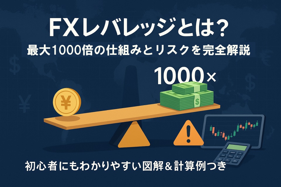 「FXレバレッジとは？最大1000倍の仕組みとリスクを完全解説」と書かれたカバー画像。背景には世界地図と通貨記号（ドル・円）が描かれ、中央にはてこの原理を用いたイラストが配置されている。左側に小さな円コイン、右側にドル札の束が乗り、「1000×」と強調されている。下部には「初心者にもわかりやすい図解＆計算例つき」の文言、右側にはローソク足チャートと電卓、警告マークが添えられている。