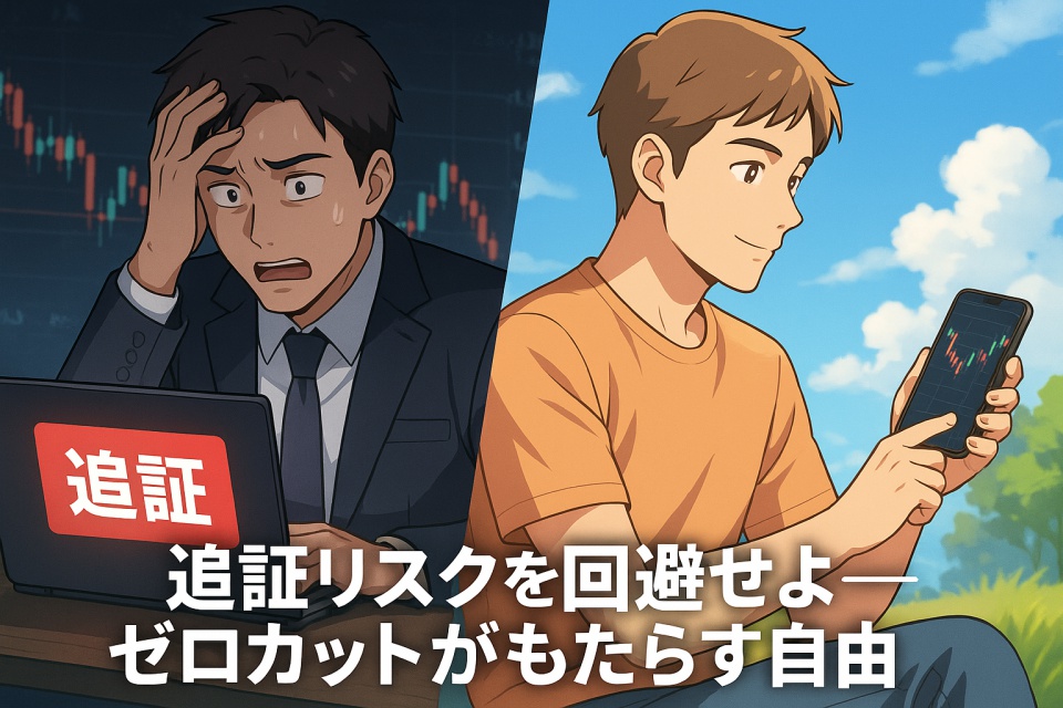 スーツ姿の男性が「追証」と表示されたパソコン画面を見て青ざめる一方、晴天の下でスマホのチャートを見て微笑む男性。中央に「追証リスクを回避せよ ── ゼロカットがもたらす自由」のテキスト。
