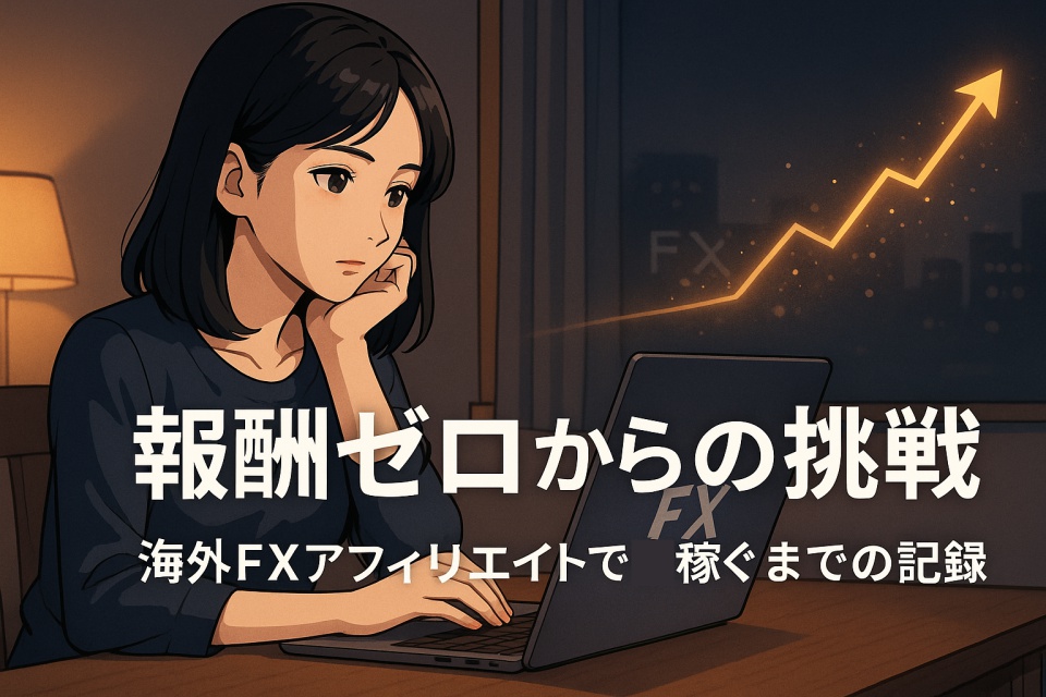ノートパソコンの前で考え込む日本人女性トレーダー（あまちゃん）。夜の静かな部屋で、FXと向き合いながら報酬ゼロからの挑戦を始めている様子。背景には上昇するチャートが浮かび、未来への期待感を表現。