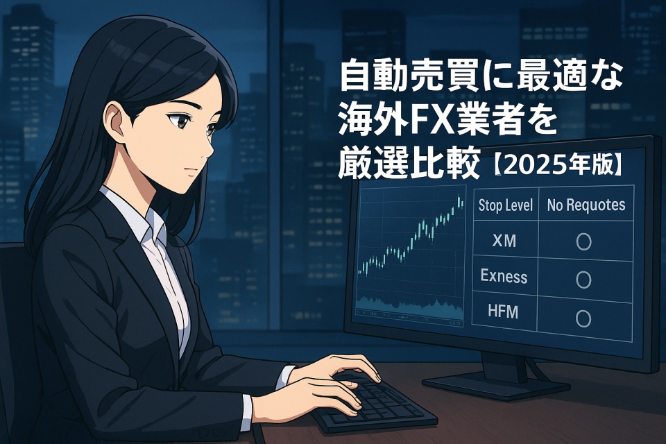 夜の金融都市を背景に、黒髪ストレートの日本人女性トレーダーがスーツ姿でパソコンに向かい、EA対応の海外FX業者を比較するチャート画面を見つめているアニメ風イラスト。画面には“ストップレベル”や“リクオートなし”などの比較表が表示されている。