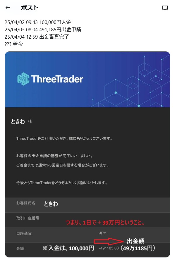 ThreeTraderから49万円を出金した証拠画像(x.com@Tokiwa2525)