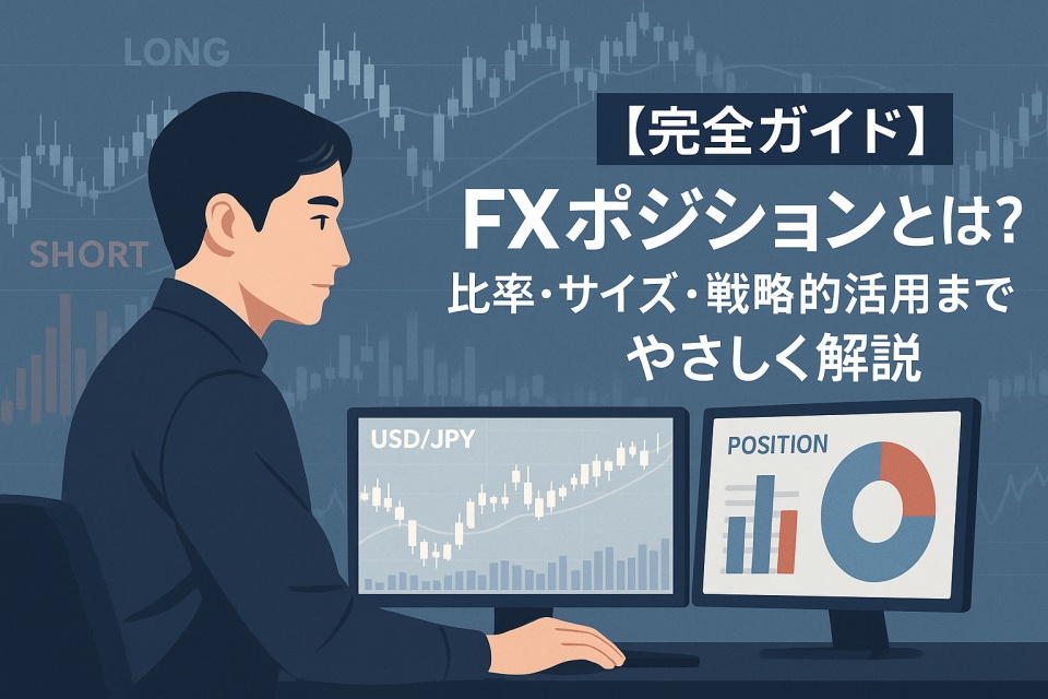 FXポジションの戦略を考える日本人トレーダーが、USD/JPYチャートとポジション比率グラフを表示したデュアルモニターを見ながら分析している様子。背景にはローソク足と市場のロング・ショートの偏りを示すチャートが重なり、画面右上に『【完全ガイド】FXポジションとは？比率・サイズ・戦略的活用までやさしく解説』のテキストが表示されている。