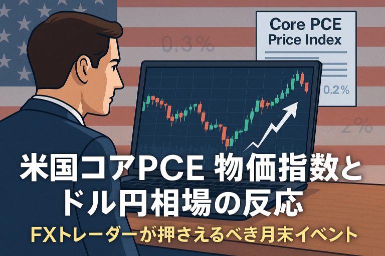 スーツ姿の男性トレーダーがドル円チャートを表示したノートパソコンを見つめている。背景には米国旗と「Core PCE Price Index」のレポートが表示されており、チャートには大きな上昇矢印が描かれている。画像下部には「米国コアPCE物価指数とドル円相場の反応」「FXトレーダーが押さえるべき月末イベント」の文字。