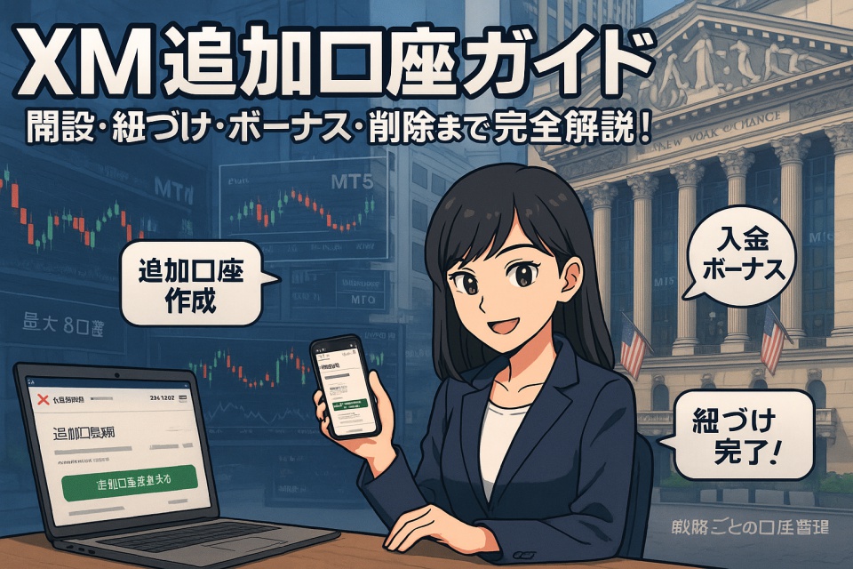 「ニューヨーク証券取引所を背景に、黒髪ストレートヘアの日本人女性トレーダー“あまちゃん”が、XMの会員ページをスマホとPCで操作しながら追加口座を管理しているアニメ風イラスト。画面にはチャートやMT4・MT5、吹き出しで『追加口座作成』『入金ボーナス』『紐づけ完了！』と表示され、戦略的な口座運用の雰囲気が伝わる構成。」