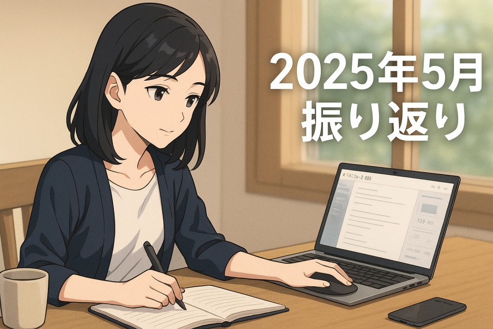 2025年5月振り返り」という文字が重ねられたイラスト。木目のデスクに向かって作業する黒髪ストレートの日本人女性（あまちゃん）が、左手でマウスを操作しながら右手でノートにメモを取っている。ノートPCの画面にはブログ編集画面が表示されており、窓からは自然光が差し込む穏やかな作業風景が描かれている。