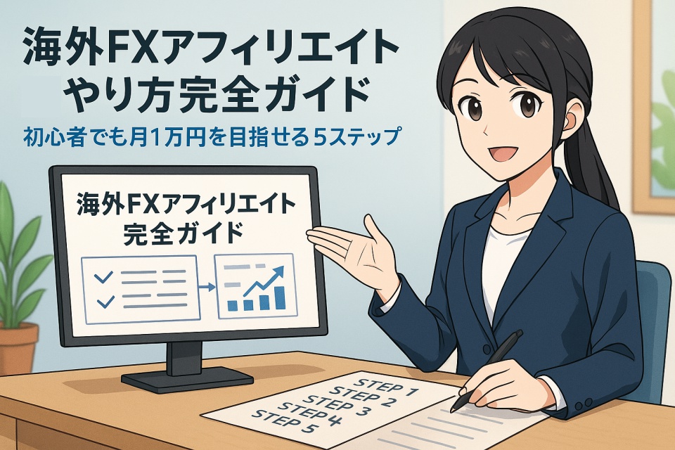 日本人女性トレーダー“あまちゃん”が、明るいオフィスで海外FXアフィリエイトの解説をしているイラスト。 白シャツとネイビージャケットを着用し、笑顔でPCモニターの「海外FXアフィリエイト完全ガイド」と書かれた画面を指さしている。 机上には「STEP1〜STEP5」のチェックリストとペン、観葉植物や付箋なども配置され、信頼感と親しみやすさを演出している。