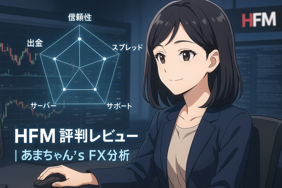 日本人女性トレーダー「あまちゃん」が、HFMの評判を分析するレーダーチャートを前に、自信に満ちた笑みを浮かべながらPC画面を見つめている。背景にはチャート画面や「HFM」のロゴが映り、評価項目（信頼性・出金・スプレッド・約定力・サポート・サーバー）が半透明のレーダーチャートグラフとして浮かび上がっているアニメ風イラスト。