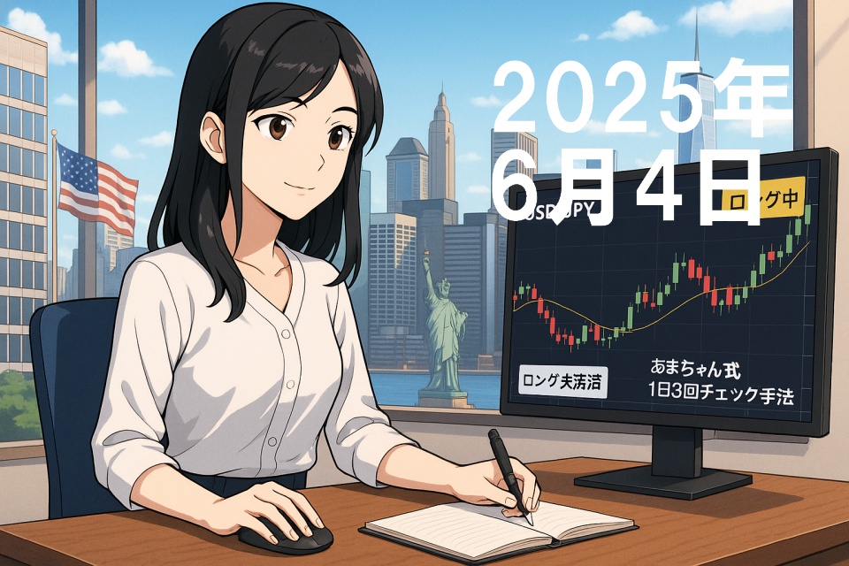 ニューヨークの高層ビル群と自由の女神を背景に、デスクでチャートを確認しながらノートに記録をつける日本人女性トレーダー。白いブラウスとネイビーのパンツを着た清潔感のある黒髪ストレートの女性が、USD/JPYの上昇チャートを表示したモニターを前に微笑んでいる。画面には“あまちゃん式 1日3回チェック手法”“ロング中”などの文字が表示されている。