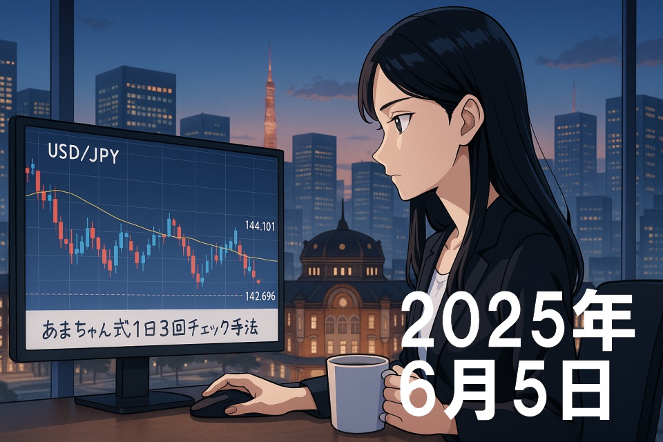 東京駅を背景にした高層オフィスで、28歳の日本人女性トレーダー「あまちゃん」が朝焼けの中、USD/JPYの8時間足チャートを真剣に見つめている。チャートには「144.101」「142.696」の価格ラインと、「あまちゃん式1日3回チェック手法」の文字が表示されている。彼女の右手はマウスを握り、左手には白いコーヒーカップ。背景には東京スカイツリーとビル群が映り込んでおり、静かな決意を感じさせる一枚。