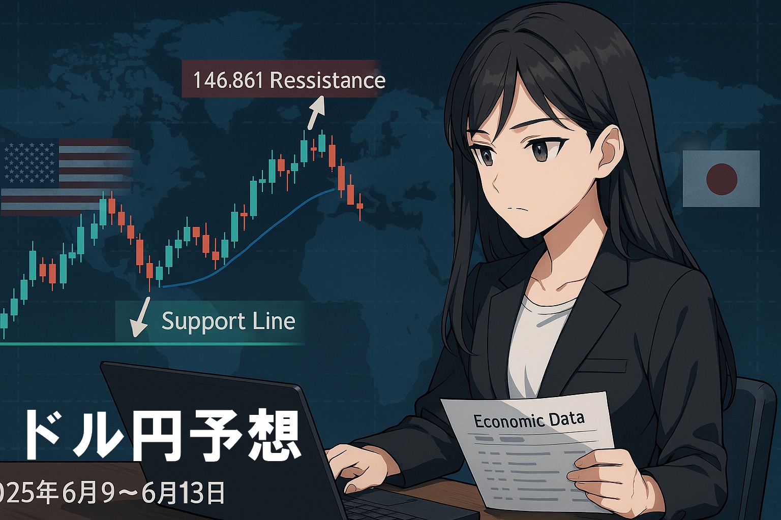 黒髪ストレートの日本人女性トレーダーが、ノートパソコンと経済指標の資料を手に真剣な表情で相場を分析している。背景にはドル円チャートが表示されており、146.861円のレジスタンスラインと140.800円のサポートラインが描かれている。アメリカと日本の国旗、世界地図も背景にうっすらと浮かんでいる。