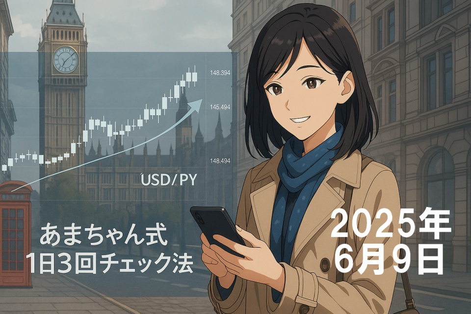 ロンドンの街角でスマートフォンを見つめながら微笑む、肩にかかる黒髪ストレートの日本人女性トレーダー（あまちゃん）のアニメ風イラスト。背景にはビッグ・ベンと赤い電話ボックス、半透明のUSD/JPYローソク足チャートが重なり、「あまちゃん式 1日3回チェック法」の文字が表示されている。