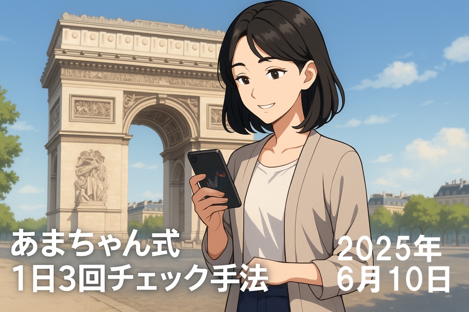 パリの凱旋門を背景に、あまちゃんがスマートフォンでUSD/JPYチャートをチェックしているアニメ風イラスト。薄手のカーディガンとパンツ姿で、落ち着いた笑みを浮かべている。画像左下には「あまちゃん式１日３回チェック手法」の文字入り。