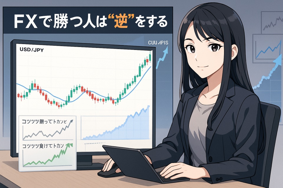 黒髪ストレートの日本人女性トレーダーがチャートモニターを前に自信を持って座っている。モニターにはUSD/JPYのチャートと「コツコツ勝ってドカンと」「コツコツ負けてドカンと勝つ」の比較図が表示され、「FXで勝つ人は“逆”をする」というキャッチコピーが描かれている。