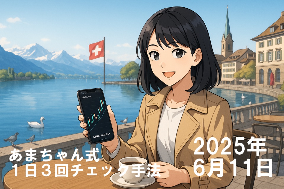 チューリッヒ湖畔のカフェで、スマートフォンのUSD/JPYチャートを確認している日本人女性トレーダーあまちゃん。白いシャツにベージュのトレンチコートを着て、右手にスマホ、左手にコーヒーカップを持ち、明るく微笑んでいる。背景にはスイス国旗、アルプス山脈、湖、歴史的建物が見える。