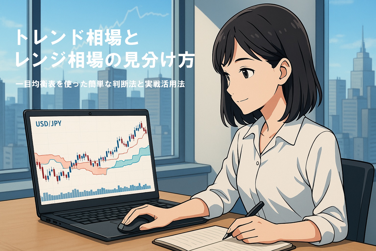 高層オフィスでチャート分析をする日本人女性トレーダー。ノートパソコンには一目均衡表を表示したUSD/JPYの8時間足チャートが映し出され、彼女は右手でマウスを操作しながら、左手でノートに戦略をメモしている。背景には東京のビル群と晴れた空が広がっている。