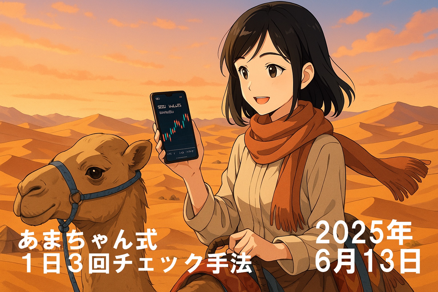 モロッコの砂漠でラクダに乗るあまちゃんが、スマートフォンで為替チャートを確認している様子。夕暮れのサハラ砂漠には砂丘が広がり、遠くにはテントとラクダのシルエットも見える。あまちゃんは明るい表情で、風になびくスカーフを身にまとっている。