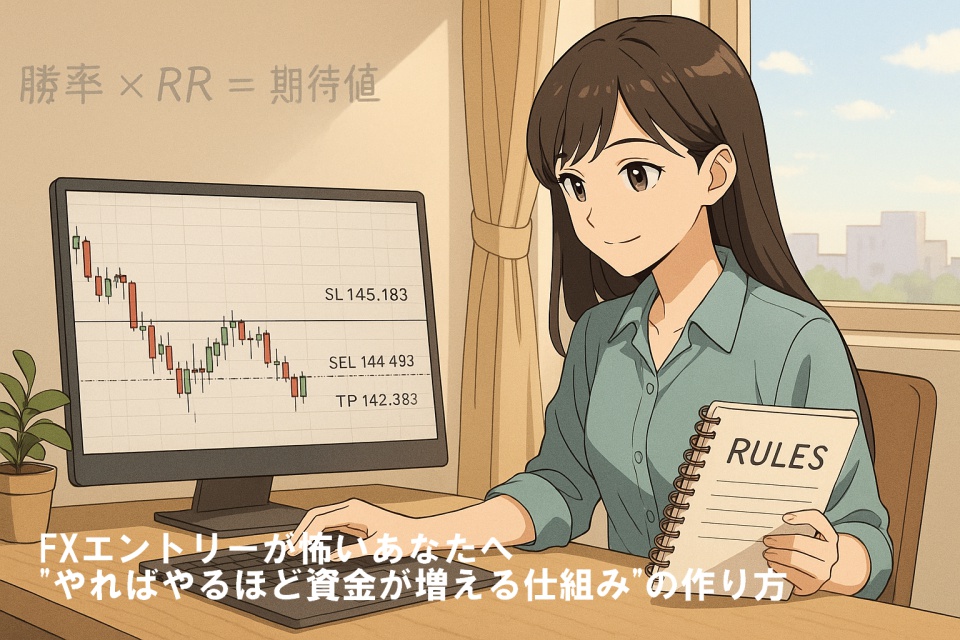 「期待値トレードのルールに基づいてエントリー判断をする若い女性トレーダー。ノートパソコンに表示されたUSD/JPYチャートには、SELL・SL・TPのラインが引かれ、隣のノートには“RULES”の文字。背景には“勝率 × RR = 期待値”の式も描かれており、冷静にトレードに向き合う姿が表現されている。」