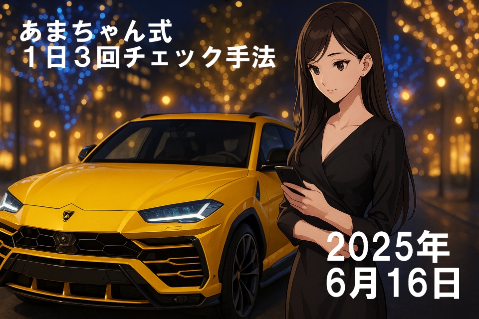 夜の煌びやかなイルミネーションが輝く街中で、エレガントな黒いドレスを纏った美しい日本人女性・あまちゃんが、黄色いランボルギーニ・ウルスの隣に立ち、スマートフォンを片手にチャートを確認している。背景には高級感あふれる夜景が広がり、彼女の洗練された佇まいと成功した未来を象徴するシーンが印象的に描かれている。