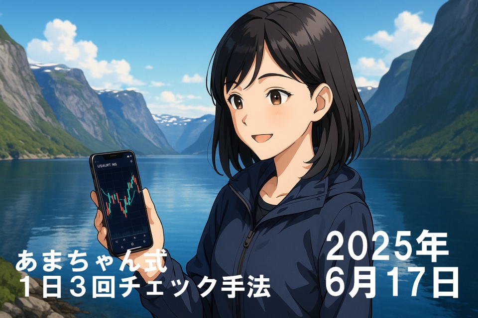 ノルウェーのフィヨルドを背景に、28歳の日本人女性トレーダー・あまちゃんがスマートフォンでUSD/JPYの8時間足チャートをチェックしている様子。澄んだ青空と山々、静かな水面に囲まれた朝の風景の中、あまちゃんは明るい表情でチャートを見つめている。清潔感のある黒髪ストレートヘアで、ネイビーブルーのジャケットを着用。