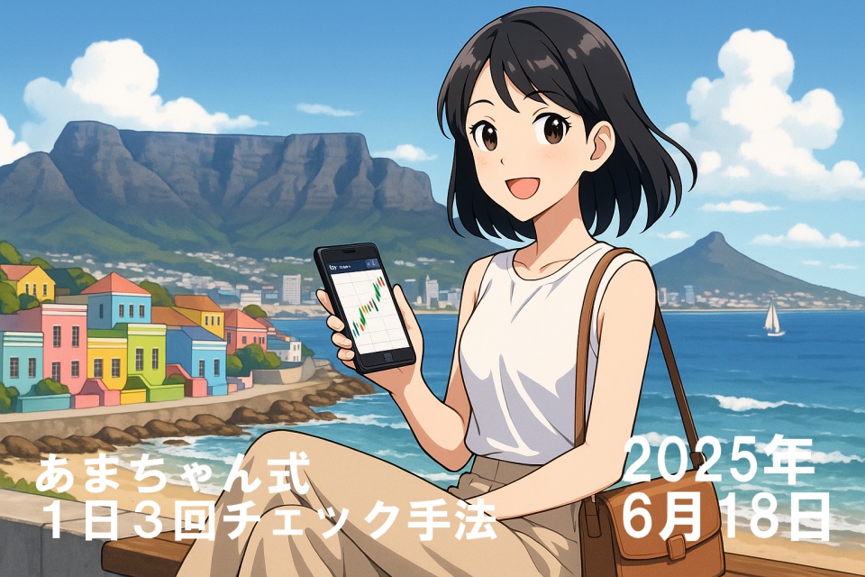 アニメ風の横長イラスト。ケープタウンの海沿いベンチに座る黒髪ストレートの日本人女性あまちゃんが、笑顔でスマホのUSD/JPYチャートを眺めている。背景にはカラフルな家が並ぶボカープ地区と雲をかぶったテーブルマウンテンがそびえ、青い海にはヨットが一隻浮かぶ。明るい日差しが全体を照らし、旅するトレーダーの自由と爽やかさを感じさせる一枚。