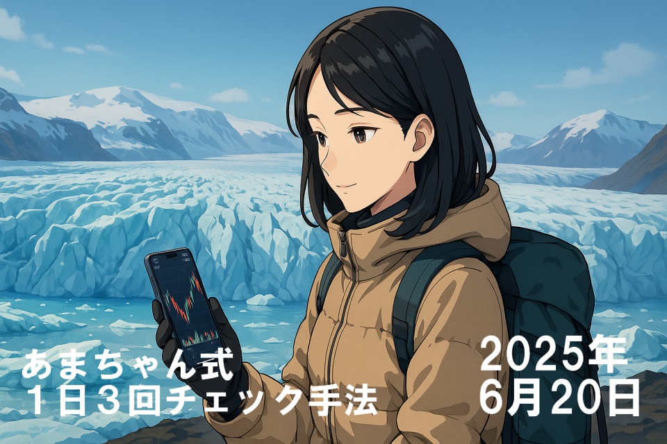 氷河が広がるアイスランド・ヴァトナヨークトルを背景に、ベージュのダウンと黒手袋姿のあまちゃん（黒髪ストレート）がUSD/JPYチャートを表示したスマホを右手に持ち静かに微笑むアニメ風16:9イラスト。