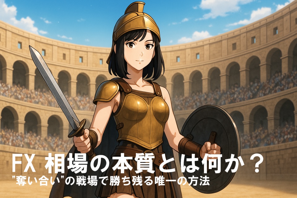 古代ローマのコロッセオ中央に立つ黒髪の日本人女性グラディエーター「あまちゃん」。肩までのストレートヘアが兜の下から覗き、金色の胸当てとレザーの腰甲冑をまとい、右手に剣、左手に丸い盾を構えている。観客席が背景に広がり、彼女は静かな覚悟を湛えたまま正面を見据えている。