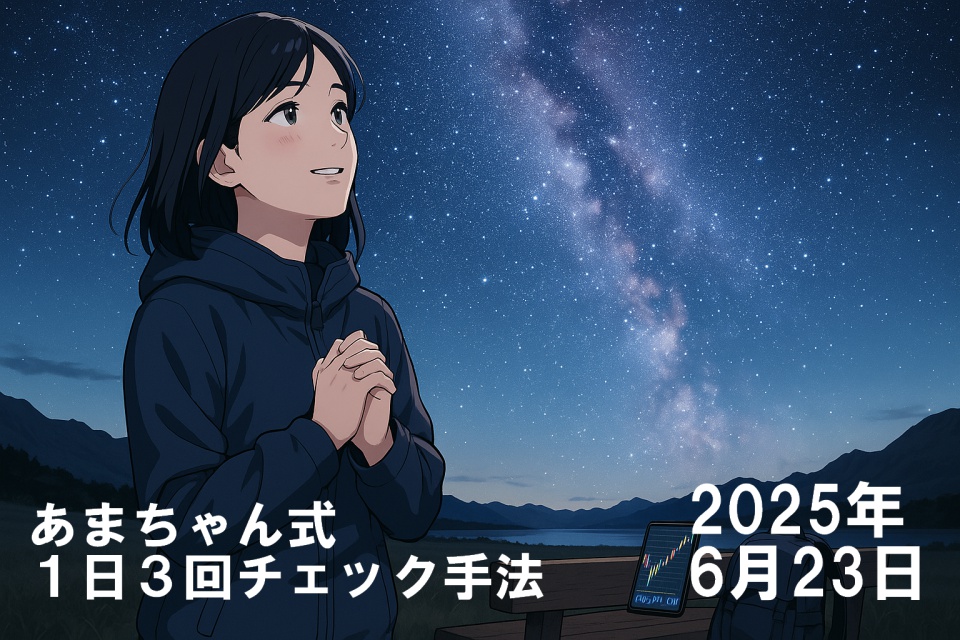 満天の星空の下、ニュージーランドの草原に立つ日本人女性トレーダー・あまちゃんが、手を胸の前で組みながら空を見上げている。感動したような優しい表情を浮かべ、天の川が広がる夜空に見とれている。傍らのベンチにはスマホが置かれ、USD/JPYの8時間足チャートが表示されている。リュックも隣に置かれ、旅先でのトレード中であることがわかる。アニメ風のタッチで描かれた幻想的な一枚。
