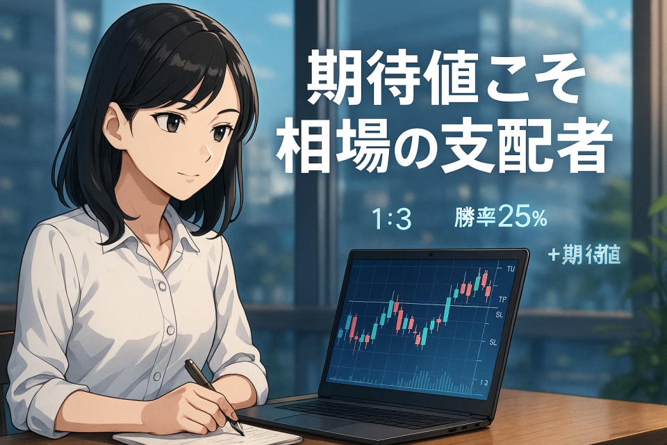カフェの窓際でトレード中の若い日本人女性あまちゃんが、ノートパソコンのチャート画面を見つめながらメモを取っている。画面にはUSD/JPYのローソク足チャートとTP・SLラインが表示され、背景には「期待値こそ相場の支配者」「1:3」「勝率25%」といった文字が浮かび、損小利大トレードの戦略を象徴している。