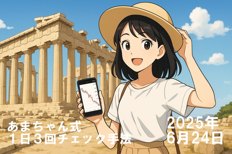パルテノン神殿を背景に、日本人女性トレーダー・あまちゃんが笑顔でスマートフォンを掲げている。白いTシャツとベージュのパンツを着て、麦わら帽子を右手で押さえている。スマホ画面には為替チャートが表示されており、歴史的建築と現代のトレードが交差する印象的なシーン。青空の下、旅のひとときを楽しむ様子が描かれているアニメ風イラスト（16:9）。