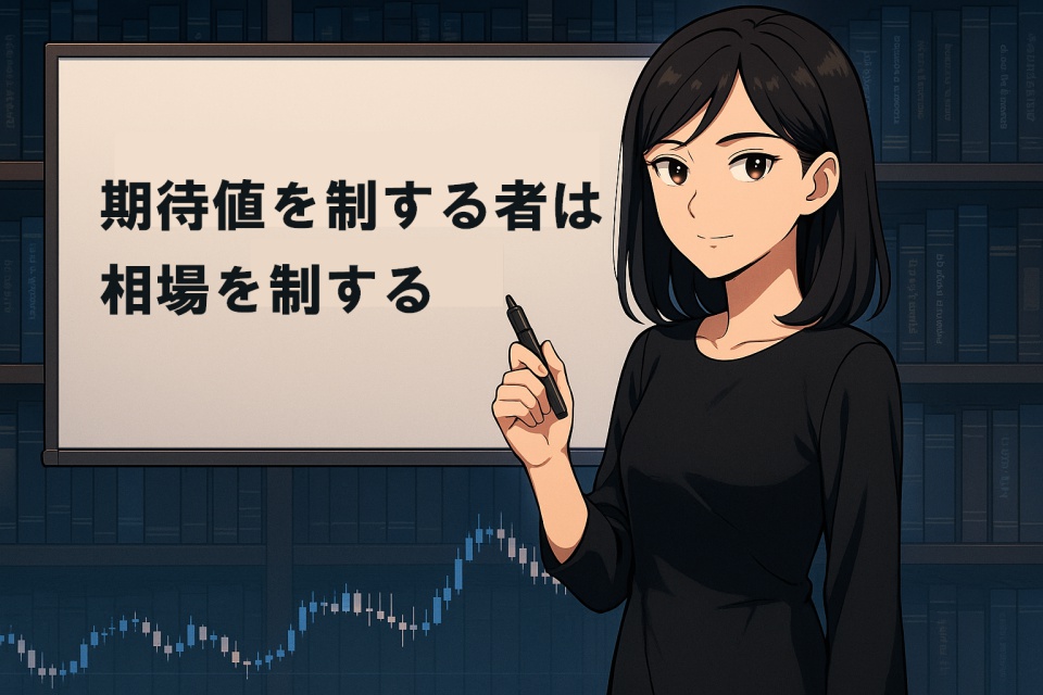 暗い未来の相場を見据える日本人女性トレーダー“あまちゃん”が、光るチャートの前で真剣な眼差しを向けている。背景は未来的なブルーと黒のトーンで構成された仮想空間のような世界。