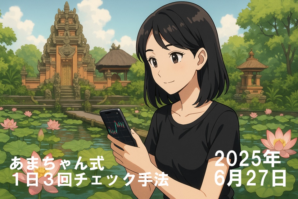 バリ島ウブドのサラスアティ寺院前の蓮池で、スマートフォンを手にチャートを確認する日本人女性あまちゃんのアニメ風イラスト。蓮の花が咲き誇る池と石造りの寺院が背景に広がり、自然と伝統が調和した静かな情景の中で、現代的なトレードを行う姿が描かれている。