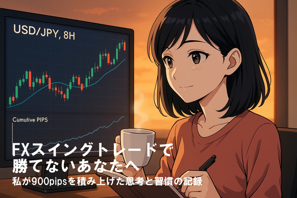 都会の高層ビル群を背景に、真剣な表情でチャートを見つめる日本人女性トレーダー（あまちゃん）。肩までの黒髪ストレートが風に揺れ、洗練されたシャツスタイルが知的さを際立たせている。スイングトレードでの苦悩と成長を象徴する一瞬を描いたアニメイラスト風のビジュアル。