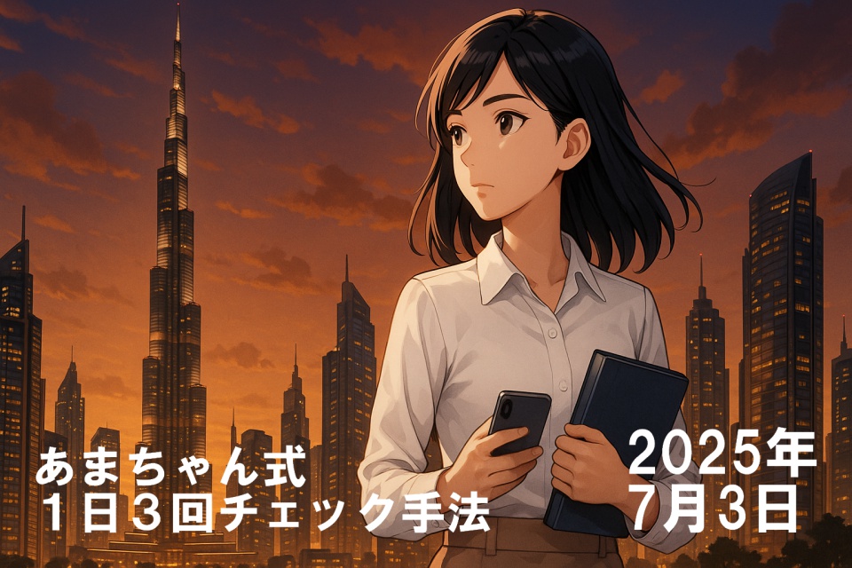 夕暮れのドバイ高層ビル群を背景に立つ、日本人女性トレーダーのあまちゃん。白いブラウスにベージュのスカート姿で、右手にスマートフォン、左手にネイビーのノートを持ち、未来を見据えるような表情で遠くを見つめている。背後にはブルジュ・ハリファが輝き、都市の夢とリスクを象徴する光景が広がるアニメ風イラスト。