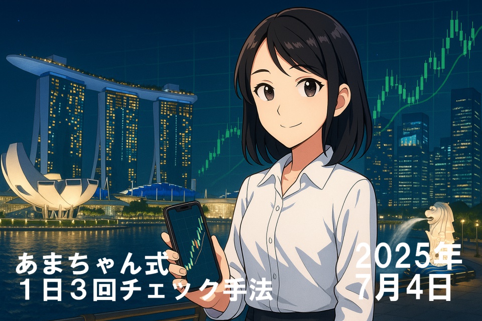 シンガポール・マリーナベイの夜景を背景に、白いシャツと紺のパンツを着た日本人女性（あまちゃん）が、穏やかな笑みを浮かべながらスマートフォンを手にして立っている。スマートフォンには上昇中のチャートが表示されており、背後にはマリーナベイ・サンズ、マーライオン、光る高層ビル群が映っている。空にはグラフが重なるように描かれ、金融都市の臨場感が漂うアニメ風イラスト。