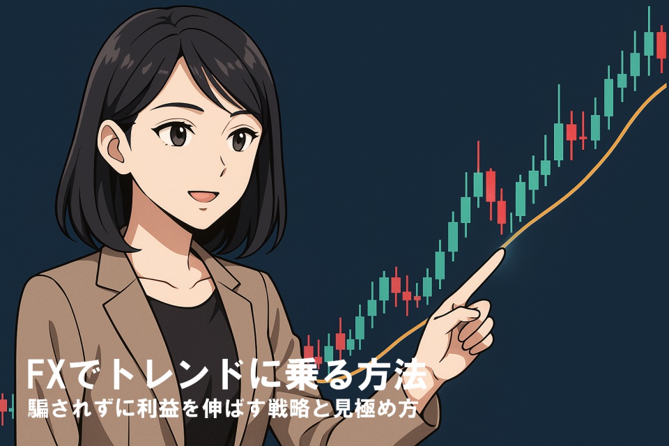 チャート画面を指差しながら“ここが乗るタイミング”と説明するあまちゃん。真剣な眼差しでトレンド相場のポイントを語っている様子。アニメイラスト風、横長（16:9）の構図で描かれている。