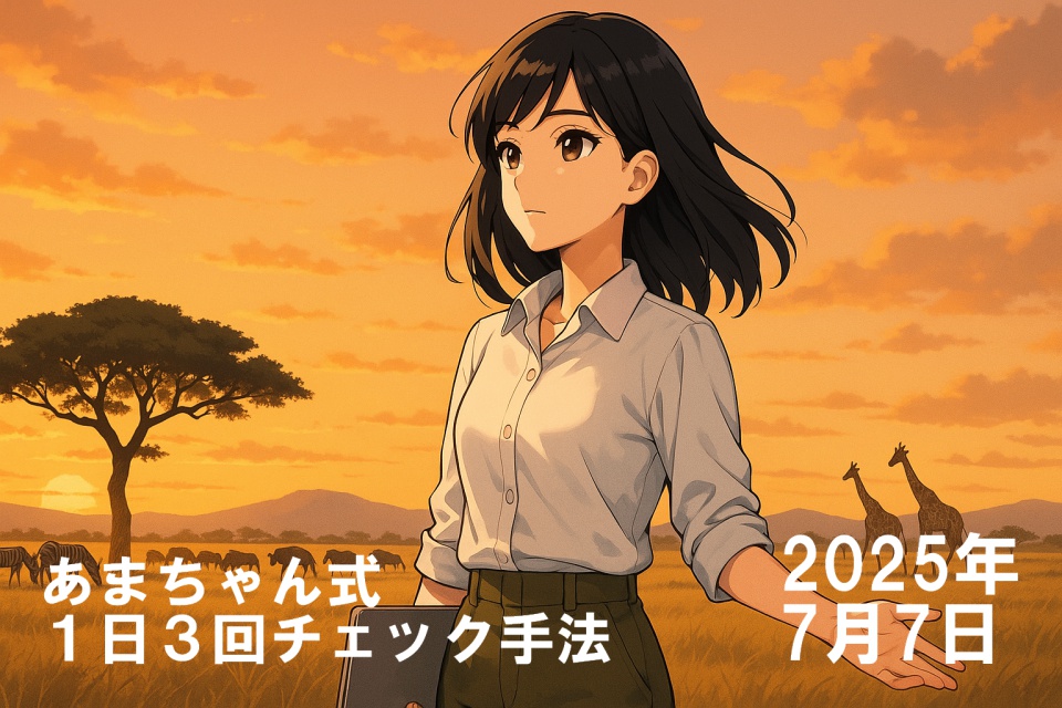 夕暮れのセレンゲティ国立公園で立ち尽くす若い日本人女性トレーダー（あまちゃん）のアニメ風イラスト。清潔感のある白シャツとカーキ色のパンツを身に着け、肩までの黒髪が風になびく。右手にはノートパソコンを持ち、左手はそっと差し出すような仕草。背後には広大なサバンナが広がり、夕陽に照らされたアカシアの木やシマウマ、キリンが見える情景。