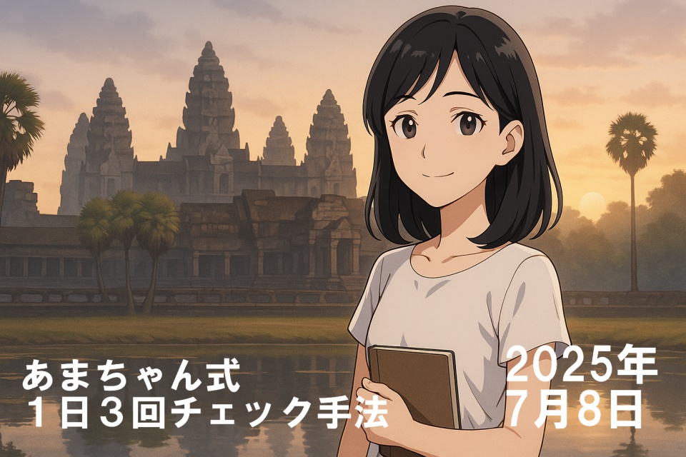 朝焼けのアンコールワットを背景に、穏やかに微笑む旅するトレーダー（あまちゃん）が立っているアニメ風イラスト。肩にかかる清潔感ある黒髪のストレートヘア、白いワンピース姿で右手にノートを持ち、神秘的な水辺の景色と共に静けさを感じさせる構図。