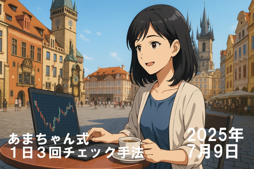プラハ旧市街広場のカフェテラスでチャートをチェックする日本人女性トレーダーあまちゃんのアニメ風イラスト。背景には天文時計とティーン教会が描かれ、ノートパソコンとコーヒーカップを手に穏やかな笑顔を見せている。